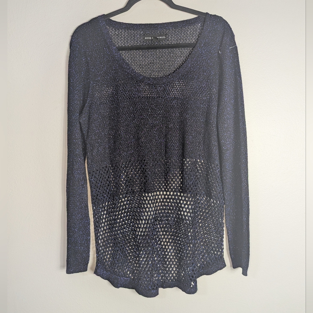 XL Rock & Republic Black Blue Shimmer Metal Grunge Goth Knit Sweater